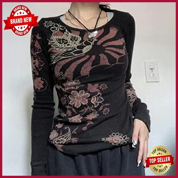 Y2K Fairy Grunge Graphic Long Sleeve Tee Polyester Crop Top - Picture 7 of 7